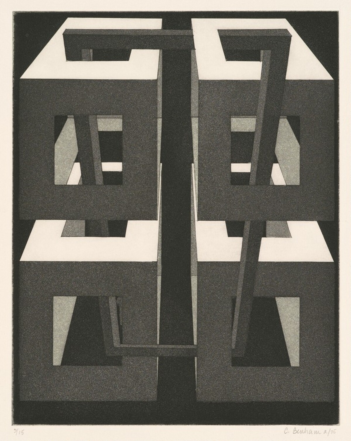 (Four rectangular box-like forms joined by a beam)