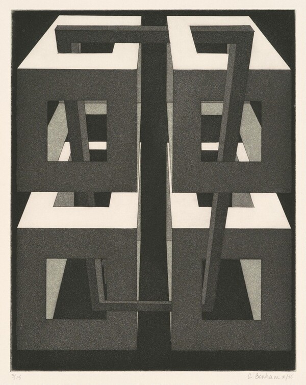 (Four rectangular box-like forms joined by a beam)