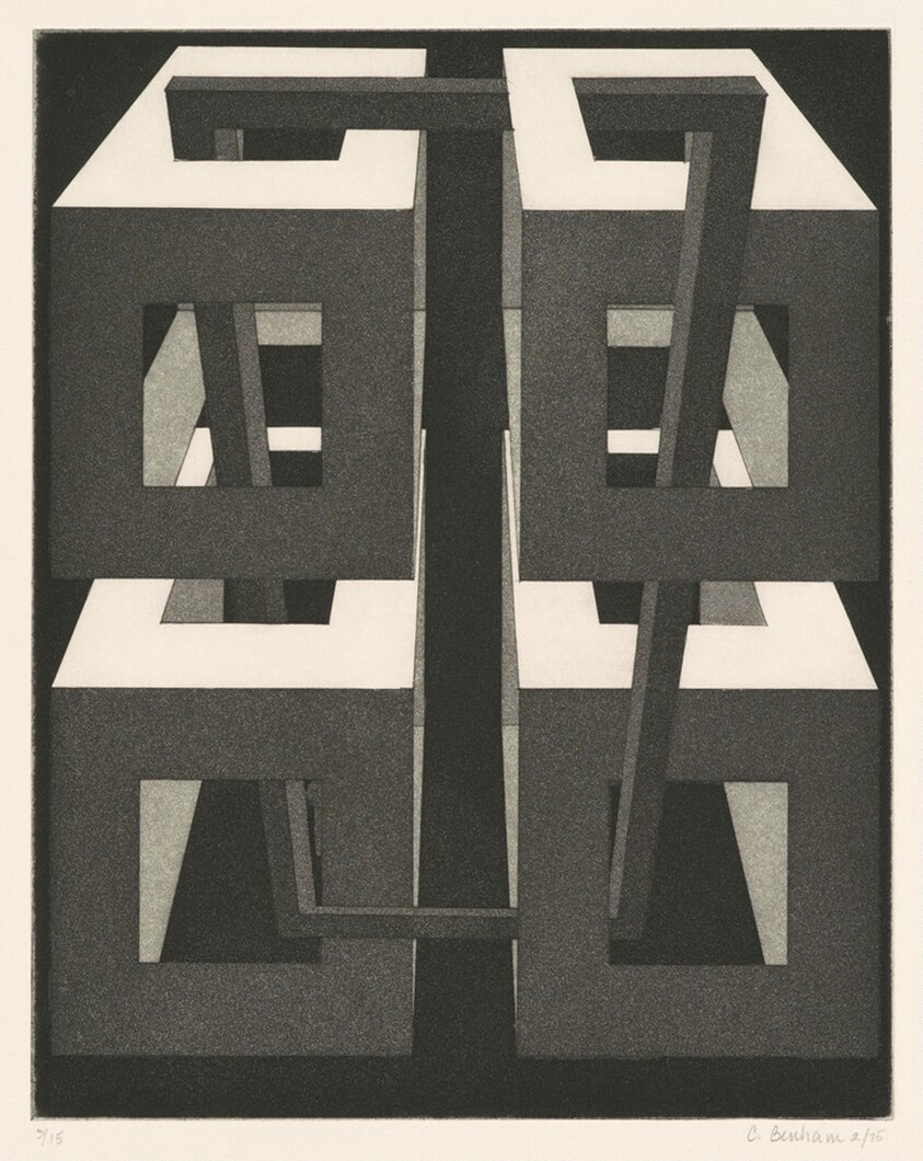 (Four rectangular box-like forms joined by a beam)