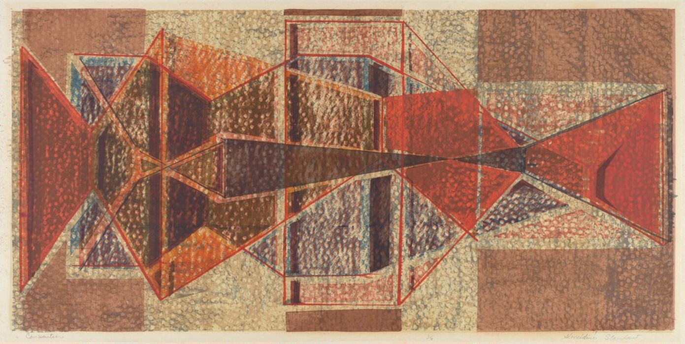 The image displays intersecting shapes and lines in an abstract design. The composition is composed mostly of triangles and trapezoids that interlock and overlap, creating a pattern that resembles facets of a gemstone or segments of a stained-glass window. Bold red and earthy brown colors are used alongside a textured, stippled background, adding depth and dimension to the artwork. The overall composition conveys a sense of organized chaos, reminiscent of mechanical contraptions or architectural blueprints.