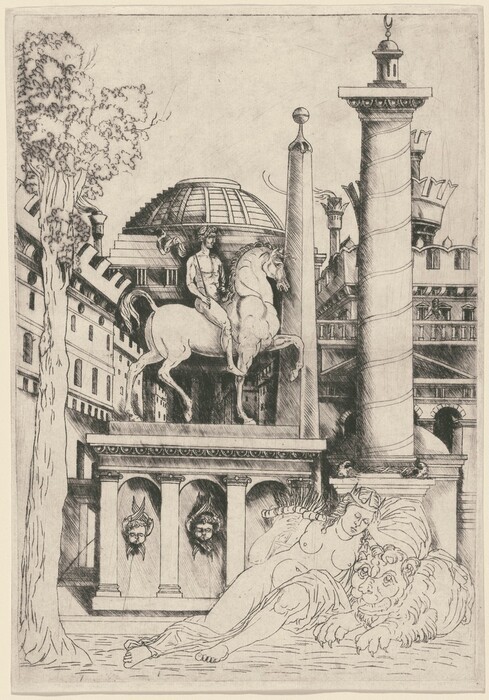 The image features a mix of shapes and lines, such as vertical columns, circular domes, and detailed figures. The composition includes statuesque figures and architectural elements resembling a classical cityscape. There is a central spiraled column and a dome structure similar to ancient Roman architecture. A figure on horseback is in front, while a reclining figure beside a lion-like creature is present. There are towering columns and elaborate facades reminiscent of ancient temples or monuments. The overall composition blends the structural and symbolic elements, creating an abstract interpretation of a mythological or historical scene.