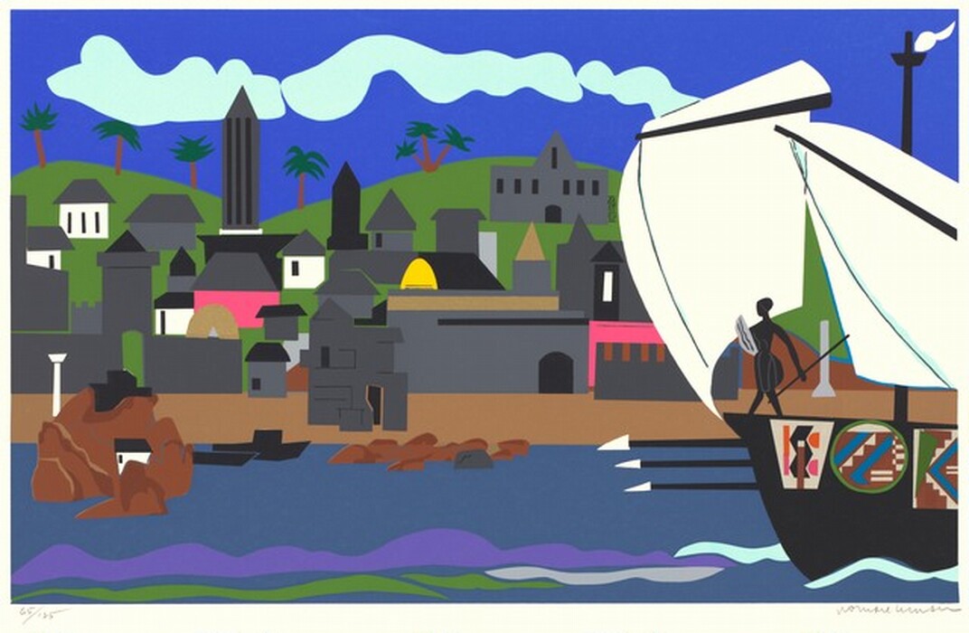 Printed with mostly geometric shapes in vibrant, flat colors, this stylized horizontal screenprint shows buildings lining a harbor across from us, with a sailboat entering the scene from our right. The top quarter of this print has a band of pale turquoise clouds against a vibrant cobalt-blue sky. The buildings on the shore across from us are mostly nickel or slate gray with black squares and rectangles for windows and doors. A few of the buildings are white and two are hot pink. One arched, sunshine yellow form at the center of the composition could be an opening or a domed roof. One gray building, in front of the yellow, has a band and roof picked out with glittery gold. Several palm trees grow atop the spring-green hills beyond the buildings. A band of caramel brown near the water could be a sandy beach. Lumpy brown forms could be rocks in the water near the shore. The waterway is celestial blue with a few bands in grape purple, light gray, spring green, and turquoise. Billowing white sails pull the boat into the image. A person silhouetted in black holds a shield and spear at the bow. Three long black sticks with white arrows at the end, perhaps more spears or paddles, protrude from the front of the ship, and the side is decorated with several shield-sized panels. The artist signed the paper in the margin under the bottom right corner of the printed image, "Romare Bearden," and numbered the lower left corner, "65/125."