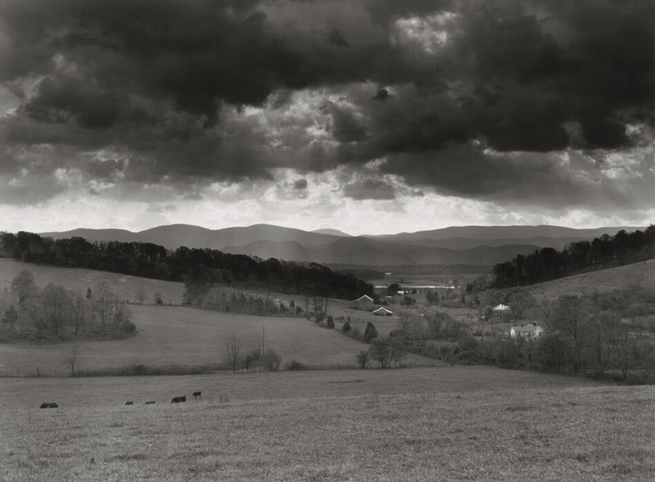 Hills roll gently back to a mountain range under a low sky dense with dark clouds in this horizontal black and white photograph. The grassy field closest to us leads back to a few dark cows grazing in a dip in the near distance. Lines and groves of lacy, spindly trees are farther back, surrounding a few structures and houses. Lines of darker trees creating a shallow V across the center of the composition are separated by a gap not far from the buildings. Strips of mountains are layered like torn, cut paper along the horizon, which comes halfway up this composition. Dark clouds roiling in the sky above are alleviated by a band of brighter sky along the mountaintops.
