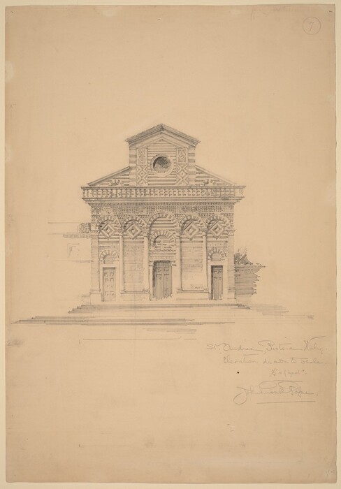 This is a drawing of a building facade. The drawing shows a detailed front elevation of a classical architectural structure, with a symmetrical arrangement and decorative elements. The facade includes a central entrance flanked by two smaller doors set within arched niches. Above these are decorative geometric patterns and arches. The structure is topped with a triangular pediment containing a circular aperture. Finely executed pencil lines depict the architecture's intricate details.