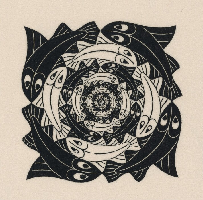 The image displays a series of overlapping, curvilinear shapes arranged in a circular pattern with a spiraling effect. The shapes resemble fish with fins and eyes, alternating between black and white. The fish are intricately interlocked, forming a mesmerizing pattern.