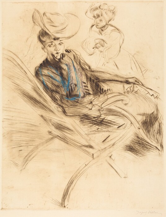 The image shows two women seated. The woman in the foreground is depicted from the chest up, seated in a leaning position with her body angled slightly towards the viewer. She has a contemplative expression, dark eyes, and pronounced facial features. Her hair is styled back, partly concealed by a large hat. She wears a high-collared garment with long sleeves and subtle patterns of vertical lines. Her right hand is raised to her lips. In the background, a second woman is partially visible, with her arm around an indistinct shape. Her hair is also styled up, and she appears to be wearing a loose-fitting garment. The setting appears simple and unadorned, with soft shading and loose lines.