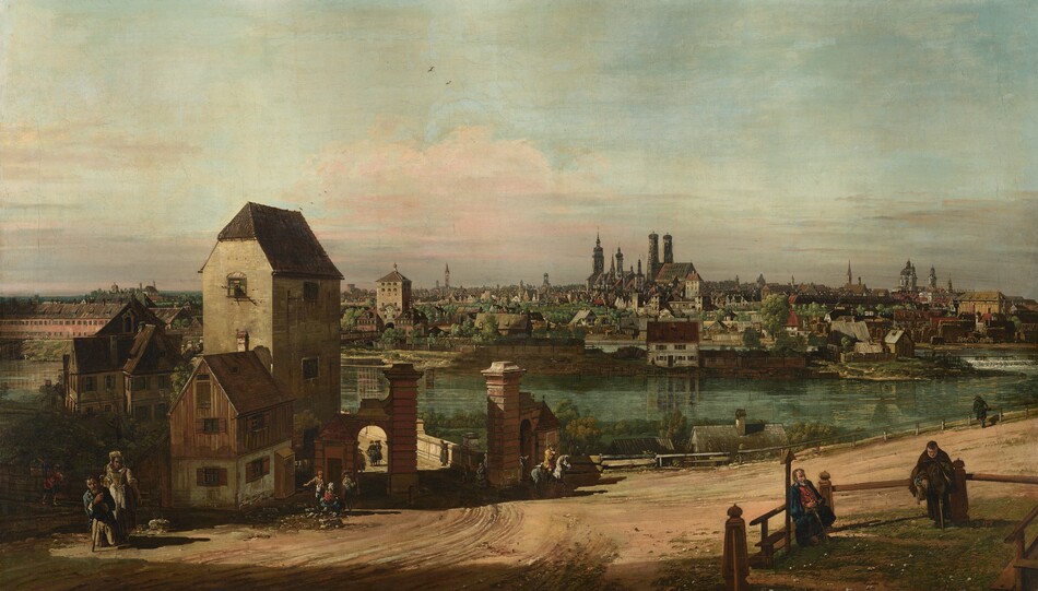 Afternoon sunlight pours over a town crowded along the banks of a serene, glass-green river that runs through the middle of this horizontal painting. Several buildings cluster to our left on the riverbank close to us. A gateway there opens onto a bridge or walkway that extends back and behind the buildings. Tiny in scale, people stand, sit, or ride singly or in small groups on the dirt road that spans the lower edge of the composition. One man sits on a bench in a fenced-in, grassy enclosure at the lower right, and another man there wears monk’s robes and holds a basket. The land must dip down steeply between the dirt road and riverbank, for a few rooftops nestled in there have chimneys at road level. Houses, churches, and grand structures line the far riverbank and fill in the town beyond. Many of the buildings are white or tan with dark red roofs, though others are brown or gray. Trees and an open green space are tucked among the structures. A pale blue sky with wispy, petal-pink and light tan clouds fills the top half of the composition.