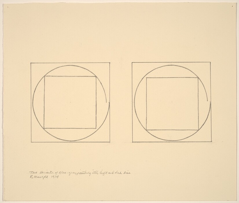 The image contains two sets of geometric shapes – a square inside a circle within a larger square. The design appears symmetrical and precise, resembling elements often found in architectural or technical drawings.