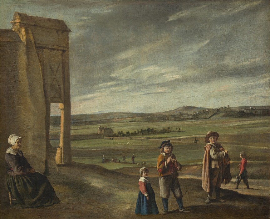 An elderly woman sits on a small stool and four children stand along the foreground of a landscape with rolling, olive-green fields leading back to low, slate-gray mountains in this nearly square painting. The horizon comes about halfway up the painting, and the sky above is filled with a sheet of steel-gray clouds that break to reveal patches of ice-blue sky. Closest to us and along the left edge of the painting, the woman sits near a structure with a fragment of wall and a column that could be made from tan-colored stone. The woman faces our right in profile and looks at or toward three children gathered on a low hill to our right. Her lined face is partially cast in shadow by her white bonnet, but her skin is yellowed where the light falls across the side closer to us. A wide, white collar lies over the shoulders of her muted, plum-purple jacket, which is tied with a narrow red belt. Her hands rest in the lap of her full, moss-green skirt that falls to her feet and covers most of the stool. To our right, two boys and a little girl stand on a low hill. They all stand with their bodies angled to our right, and all have pale skin and brown hair. To our left in the trio, the young girl wears a royal-blue dress with brick-red, long sleeves and a wide, white collar, cuffs, and cap. Next to her, a slightly older boy wearing gray knee-britches, a honey-orange jacket with a white collar, and a blue tricorn hat looks down and plays a thin pipe. His jacket is torn at the elbows, revealing a red shirt beneath. To our right, the oldest boy wears a brown cloak over a gray jacket, tan trousers, and a tan brimmed hat. He holds his right arm, closer to us, across his chest as he touches an instrument nestled in the crook of his other elbow. Another bareheaded boy wearing a red shirt and blue trousers walks beyond this trio, holding a short pole over one shoulder and a brimmed hat in his other hand. He walks to our left and looks to the horizon. More people with sheep, cows, and a person on horseback dot the rolling fields that stretch back to low hills. One house sits next to a line of trees to the left of center, in the middle distance, and more buildings, including a church spire, cluster on the horizon to our right.