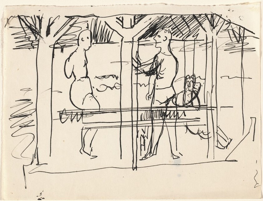 Three Figures under Cover Outdoors