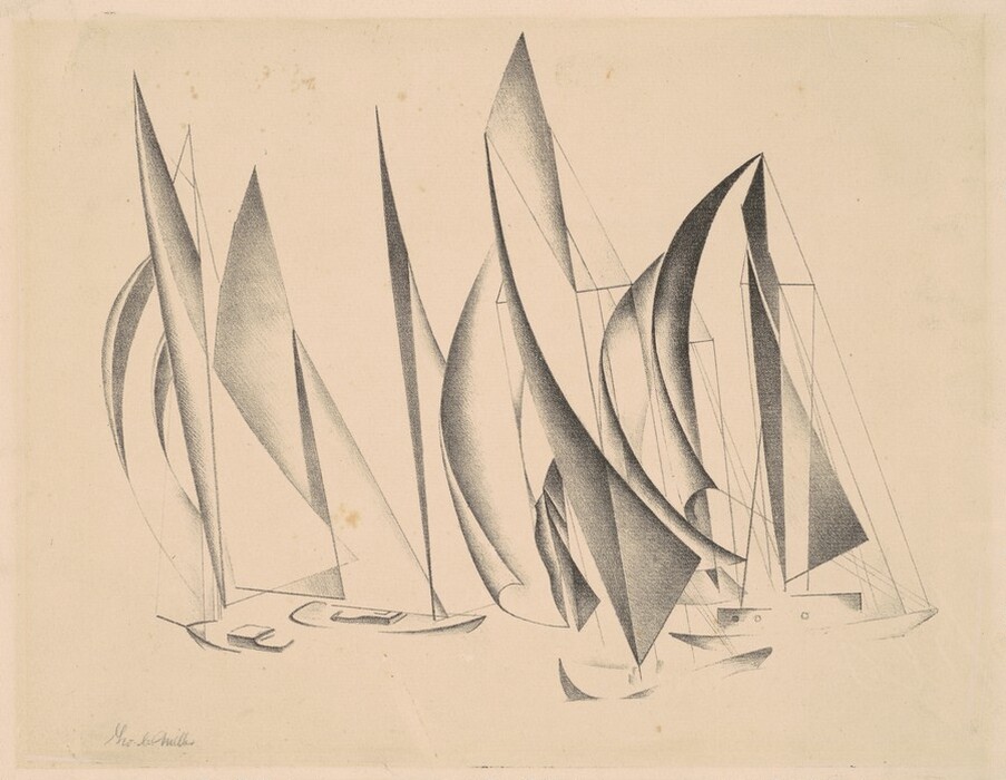 The image shows elongated, tapered shapes and fluid lines intersecting and curving across the canvas to create an abstract composition. The arrangement of shapes resembles sailboats, with lines extending upwards and bending elegantly. Some forms are triangular and ribbon-like, with sharp peaks, giving the impression of boats gliding on water.
