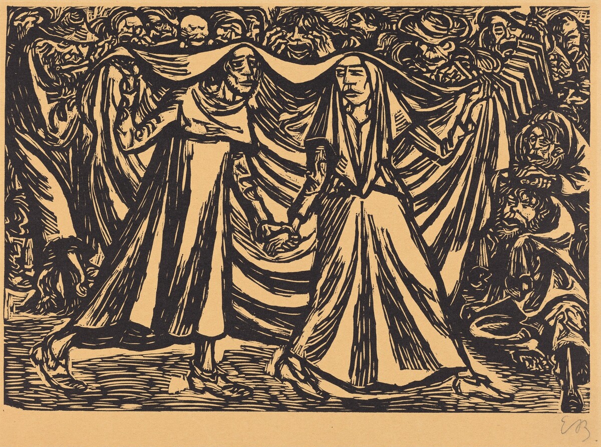 The artwork features figures holding hands. Rendered in a bold, graphic style with stark black lines against a plain background. Two central figures are draped in flowing robes, creating a dramatic effect with dynamic lines. They appear to be moving in synchrony, possibly a dance or ritual. The expressions are solemn and elongated, emphasizing a sense of gravity or mysticism. Surrounding them are abstract forms or faces crowding in from all sides, mainly from above and behind. The area is densely packed with swirling shapes, adding depth and tension. This is in the style of Ernst Barlach.