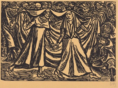 The artwork features figures holding hands. Rendered in a bold, graphic style with stark black lines against a plain background. Two central figures are draped in flowing robes, creating a dramatic effect with dynamic lines. They appear to be moving in synchrony, possibly a dance or ritual. The expressions are solemn and elongated, emphasizing a sense of gravity or mysticism. Surrounding them are abstract forms or faces crowding in from all sides, mainly from above and behind. The area is densely packed with swirling shapes, adding depth and tension. This is in the style of Ernst Barlach.