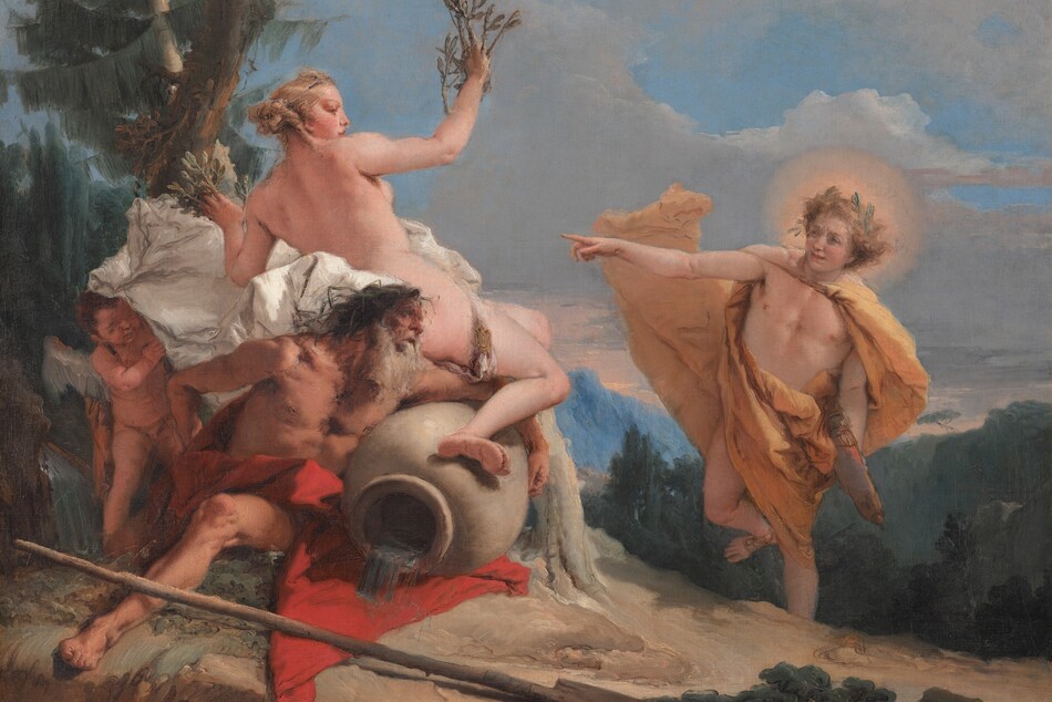 A cleanshaven man in a saffron-yellow cloak runs and points to a nude woman whose fingers are turning into leafy tree branches in this horizontal painting. The woman is supported by an elderly man with a long beard and a winged young child all gathered around an oversized urn. The people all have pale rosy or tanned skin. To our right, the young man runs toward the woman to our left. His cloak wraps around his hips and flies out behind him. He wears a laurel wreath nestled in his blond hair, which is surrounded by a gold glow. A quiver of arrows hangs from one hip, and he wears sandals but is otherwise nude. He points to the woman with his right hand, on our left, with that foot raised. The blond, nude woman sits on the urn and lies back on a white cloth supported by a nude boy with short white wings. Her back is to us, and she looks to our right in profile. The fingers of her raised hands morph into muted green leaves. One of her legs bends over the arm of an old man who sits next to the urn and hooks one arm over its round body. The man’s head is topped with dark green material, like reeds, and he has a long white beard. His skin is ruddy, and his body is muscular. The urn’s opening faces us, and water pours onto the scarlet-red cloth that drapes across the old man’s hips and pools on the dirt ground around him. A spade with a long, wooden handle and a long, narrow blade lies on the ground before him. Evergreen trees grow up the left side of the scene, which appears to take place at the top of a mountain, for we look down into a dense forest beyond. A hazy blue mountain in the deep distance points up to the topaz-blue sky spanned with thin layers of gray-white clouds. The artist signed the lower left, “Gio. B. Tiepolo.”