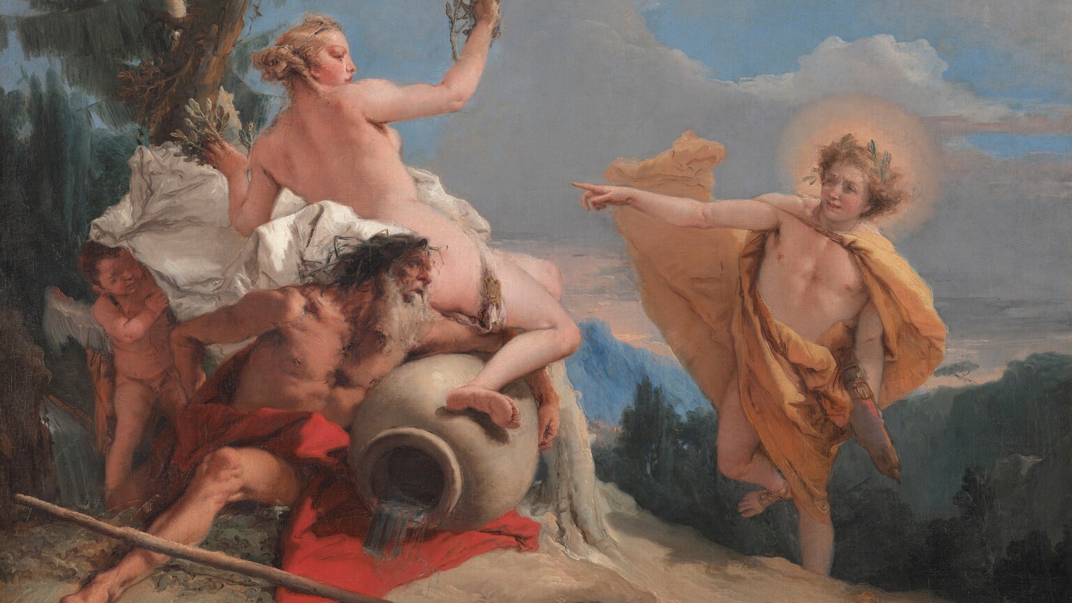 A cleanshaven man in a saffron-yellow cloak runs and points to a nude woman whose fingers are turning into leafy tree branches in this horizontal painting. The woman is supported by an elderly man with a long beard and a winged young child all gathered around an oversized urn. The people all have pale rosy or tanned skin. To our right, the young man runs toward the woman to our left. His cloak wraps around his hips and flies out behind him. He wears a laurel wreath nestled in his blond hair, which is surrounded by a gold glow. A quiver of arrows hangs from one hip, and he wears sandals but is otherwise nude. He points to the woman with his right hand, on our left, with that foot raised. The blond, nude woman sits on the urn and lies back on a white cloth supported by a nude boy with short white wings. Her back is to us, and she looks to our right in profile. The fingers of her raised hands morph into muted green leaves. One of her legs bends over the arm of an old man who sits next to the urn and hooks one arm over its round body. The man’s head is topped with dark green material, like reeds, and he has a long white beard. His skin is ruddy, and his body is muscular. The urn’s opening faces us, and water pours onto the scarlet-red cloth that drapes across the old man’s hips and pools on the dirt ground around him. A spade with a long, wooden handle and a long, narrow blade lies on the ground before him. Evergreen trees grow up the left side of the scene, which appears to take place at the top of a mountain, for we look down into a dense forest beyond. A hazy blue mountain in the deep distance points up to the topaz-blue sky spanned with thin layers of gray-white clouds. The artist signed the lower left, “Gio. B. Tiepolo.”