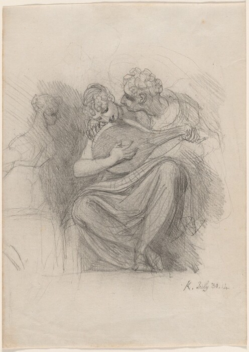 The image is a detailed pencil sketch depicting two figures, primarily showing their upper bodies and portions of their lower bodies. One figure is seated and embracing a large, stringed instrument similar to a lute or mandolin, which is resting on their lap. This figure appears to be gently leaning forward, their face featuring distinct curls cascading over the forehead, indicating curly hair, with facial features stooped and slightly angled downwards. The second figure is positioned close behind the first, intimately leaning over the shoulder of the first figure, and seems to be attentively observing either the player or the instrument. This figure has a head full of curls and a more defined outline of facial features. Both figures are clothed in flowing garments, with the fabric draping around them, indicating robes or classical attire. The background is plain, highlighting the soft shadows and lines of the figures, with faint sketched lines suggesting setting suggestions rather than clear details. There are no prominent accessories or jewelry visible on the figures.