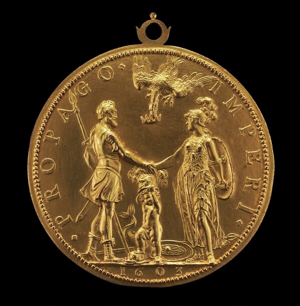 Louis XIII as Dauphin between Henri IV as Mars and Marie as Pallas Athena [reverse]