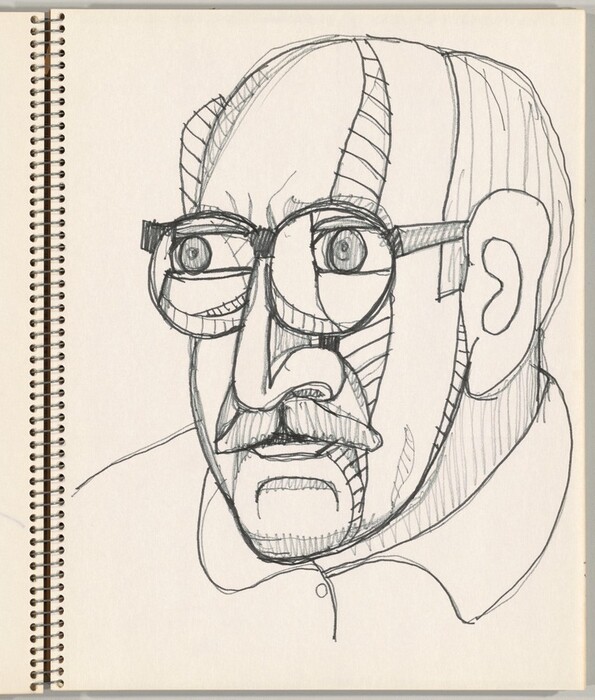 The image shows a sketch of a person's head and part of the neck, emphasizing facial features with a three-quarter view. The individual is depicted with an exaggerated bulbous nose, pronounced facial lines, a mustache, and round glasses with thick frames. The hair is drawn as bald on top with some hair on the sides. The person is wearing a collared shirt visible at the neck. The sketch is done on a spiral-bound sketchbook, with a blank background providing no extra context.
