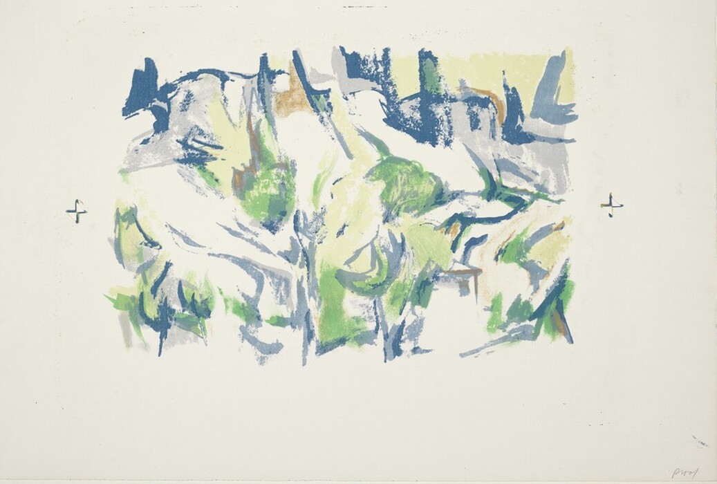 The image contains irregular and fluid shapes in blue, green, yellow, and brown hues. The abstract painting resembles intertwining natural forms, such as a dense forest canopy or a lush landscape seen from above. There are hints of structure and curvature within the colored areas, resembling overlapping leaves or undulating terrain, depicting nature's complex layers and textures.