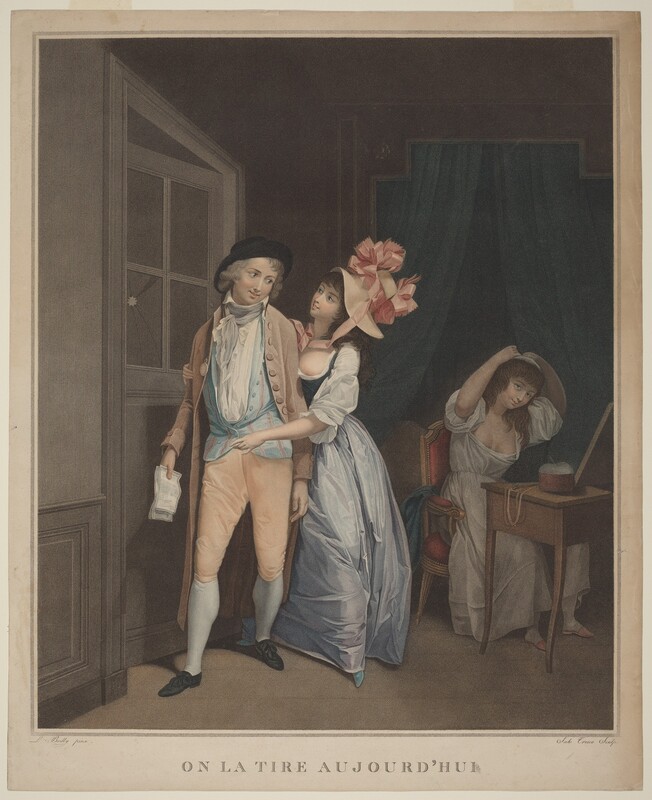 A man and woman look at each other near a door as a second woman sits at a dressing table in this vertical, colored print. All three people have pale skin. The man’s body faces the partially open door, which is to our left, but he turns to look and smile at the woman embracing him from behind. He has chin-length gray hair and wears a black, brimmed hat, a high-collared, white shirt with a frilly cravat, a baby-blue vest, a tan, shin-length jacket, peach-colored, knee-length breeches, white stockings, and black shoes. He holds four papers with writing and signatures down by his right side, to our left. The woman behind him reaches one hand gently for the papers as she wraps the other around his other arm. She has long, brown hair and wears a high, wide-brimmed straw bonnet piled with carnation-pink bows. Her dress has a teal-blue bodice over a white, elbow-length shirt, which is pulled partially down her chest to reveal one pale pink nipple. A powder-blue shoe pokes out from her long, voluminous silvery-blue skirt. To the right and farther into the room, the woman at the table holds both hands to a cap on her long brown hair as she looks at us and smiles faintly. Her loose white gown is cinched at the waist and falls to her ankles. The bodice has a low neckline, and the sleeves are rolled up to her elbows. She wears white stockings and backless pink slippers with pointed toes. On the table are a round box with a white poof with a handle, scissors, a brown ribbon, and a rectangular brown object, presumably a mirror. A blue garment hangs over the arm of the chair we can see. Light falls on the couple near the door and the rest of the room is in shadow. Celestial-blue curtains fall in front of a bed behind the seated woman. Text in the margin below the image reads, “ON LA TIRE AUJOURD'HUI.” Much smaller, cursive printed text under the left corner reads “L. Boilly pinx,” and under the right corner, “Salv. Tresca Sculpt.”