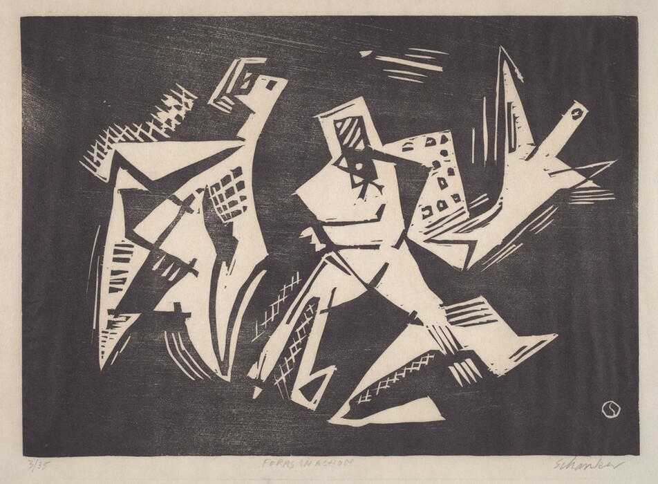 The image contains jagged and angular shapes intertwined in a dynamic composition with sharp lines and contrasting forms. It suggests possible figures resembling dancers or creatures in motion through the arrangement of limbs and heads. Some shapes give the impression of movement akin to flight or a leap, creating a sense of rhythm and energy like fragmented pieces of a shattered mirror rearranged in an unconventional order.
