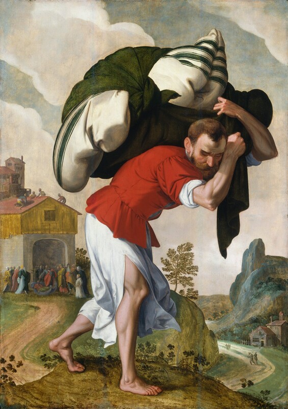 Against a landscape, a pale-skinned man walking hunched over as he carries a large bundle like pillows wrapped in a blanket on his back nearly fills this vertical painting. Close to us, the man walks to our right with his head down and his eyes closed or downcast under straight, furrowed brows. He has a wide, prominent nose, a brown beard, and close-cropped hair. With muscled forearms arms raised overhead, he clutches the forest-green cloth tied around the bundle, which has cloth with dark green stripes against cream white. The man wears a red, waist-length tunic over an ankle-length, bright white garment, which splits up the side to show his muscular legs and bare feet. He strides across a moss-green rock. On the far side of the rock on which he stands, to our left, a sand-brown path curves away from us to the wide, arched opening of a building. The structure has gray walls, possibly stone, with goldenrod-yellow paneling around the second story, and a red roof. At the arched opening, a couple dozen people, tiny in scale, gather around a person who stands and gestures with arm extended over a second person lying on a cloth. The four corners of the cloth are suspended by four ropes, barely visible, where the cloth had been lowered to the ground from above, presumably from the four people on the roof. The people in the crowd wear robes in mustard yellow, navy blue, plum purple, dark red, and white. Another building and a stone tower rise beyond the structure. To our right, the land dips down to the horizon line, which comes about a quarter of the way up the painting. People walk along the distant path that passes in front of a house at the foot of a steel-blue, rocky outcropping. A leafy tree grows where the road bends out of sight, and bands of white clouds stretch across the pale, muted turquoise sky.