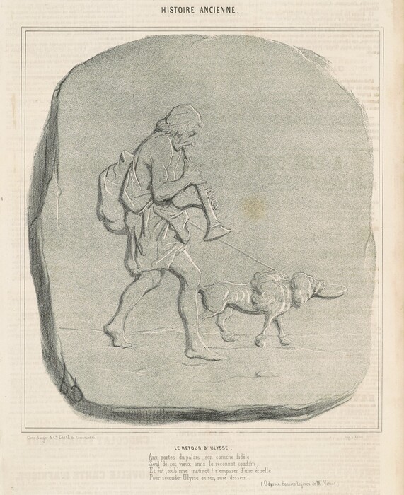 The sculpture depicts a man playing a wind instrument as he walks. He is barefoot and wearing draped clothing - possibly a tunic or robe. His head is slightly bowed, and he carries a sack over his shoulder. Walking alongside him is a dog, attached to a leash, with its gaze focused forward. The sculpture is carved into a stone-like slab, predominantly grayscale in color. The scene is presented in relief, capturing a moment of movement as the subjects proceed on their journey.