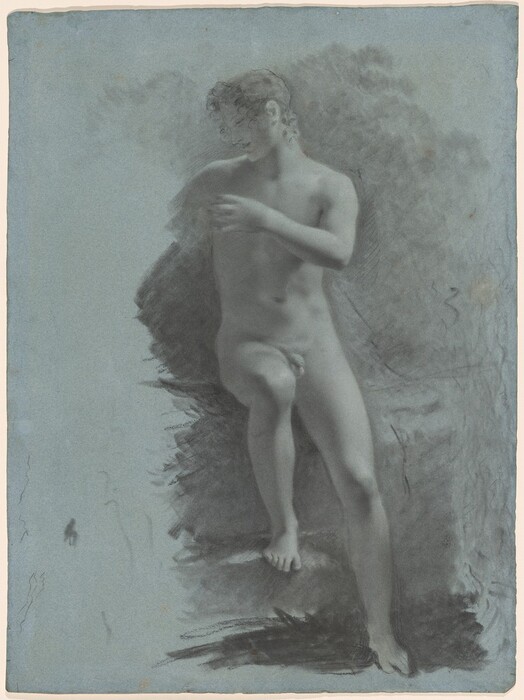 The image depicts a person standing on one leg with the other leg bent and slightly raised. The individual has one hand resting across the chest, and the head is tilted downward. The facial features are soft, with a serene expression, and the hair is curly, framing the face delicately. The person is not wearing any clothing. The background consists of a textured, somewhat indistinct environment, with darker shading around the figure, possibly representing foliage or abstract forms against a light-colored canvas. The image has a monochromatic appearance, executed in shades of gray on a bluish-gray paper.