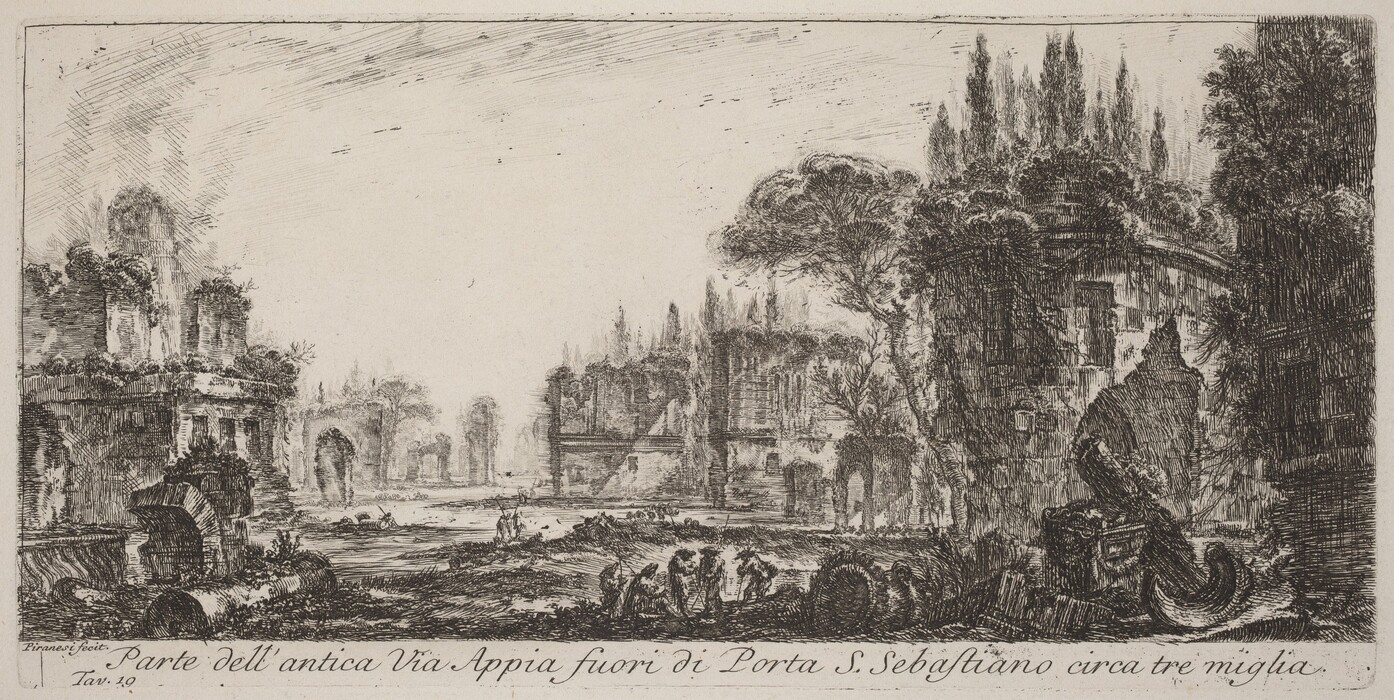 The image shows an expansive scene of ancient ruins and natural surroundings, viewed from a slightly elevated perspective. The horizon is in the upper third of the image, featuring distant structures and a line of trees outlining the skyline. The etching style is defined by intricate lines and hatching that detail the architecture and foliage. The color palette consists of shades of black and gray to create contrast and depth. Closest to us are ancient ruins and a landscape leading to a winding path, with more ruins and vegetation extending into the distance. In the background, more ruins are partially obscured by trees, blending into the sky.