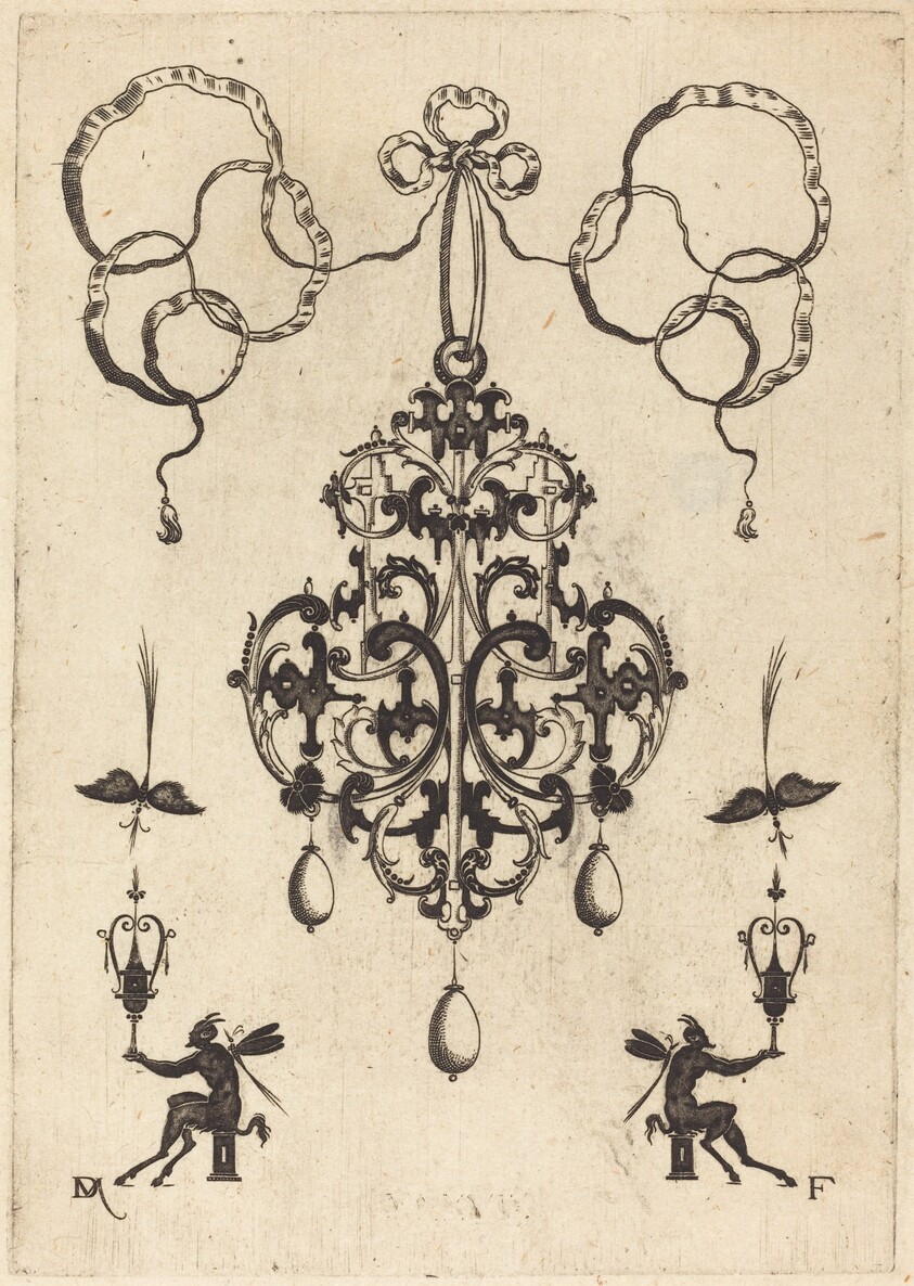 Large Pendant, Lower Left and Right Two Winged "Devils" Sitting on Pedestals