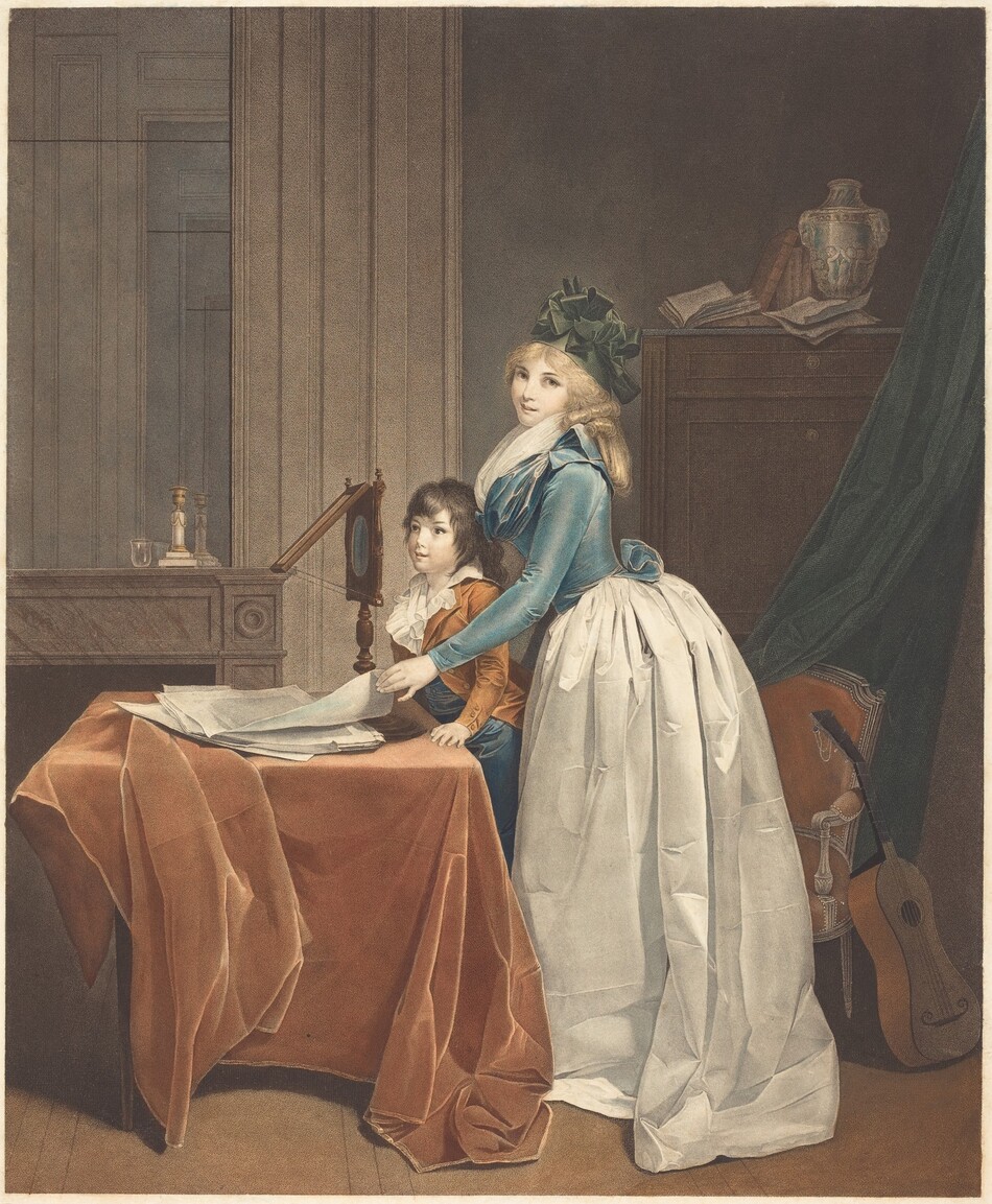 A woman and young boy stand in front of a square table set with papers and a looking device in this vertical, colored etched print. The boy and woman stand angled to our left at the center of the composition, and both have pale, nearly white-colored skin with wide-set eyes and delicate noses. Both smile with bow-shaped lips. The woman turns her face to look at us. Long blond hair is partially arranged in bands of curls under her forest-green hat, which has elaborate bows. The ultramarine-blue bodice of her dress fits tightly on the long sleeves and to the narrow waist. White fabric is gathered and tucked into the puffy neckline. Her pearl-white skirt flares out at the waist and falls in deep, crinkling folds to the ground. The woman reaches across the boy to hold the corner of one sheet of paper in the stack on the table. The boy has shaggy, dark brown hair, and he looks at the device. He wears a copper-orange jacket over a ruffled white shirt and blue pants. The hand we see rests on the edge of the velvety, terracotta-brown cloth covering the table. The wooden device is on a stand with turned knobs like a candlestick. A vertically oriented rectangular panel frames a round, blue-shaded window. A second panel hinges from the top edge of the first to angle up and to our left, presumably reflecting or mirroring images on the papers below. A brass and white stone candlestick and a glass cup sit on a brown stone mantle behind the table to our left. Those objects and the paneling of the room behind us are reflected in a mirror over the mantle. A chair upholstered with copper brown and with white trim stands behind the woman’s legs, and a stringed, guitar-like instrument leans against one arm of the chair. A teal-green curtain hangs from the top right corner of the sheet to drape across the back of the chair and partially cover a high wooden chest. An open book, a closed book, papers, and a white urn are arranged against the fawn-brown wall atop the chest. The floor is peanut brown.