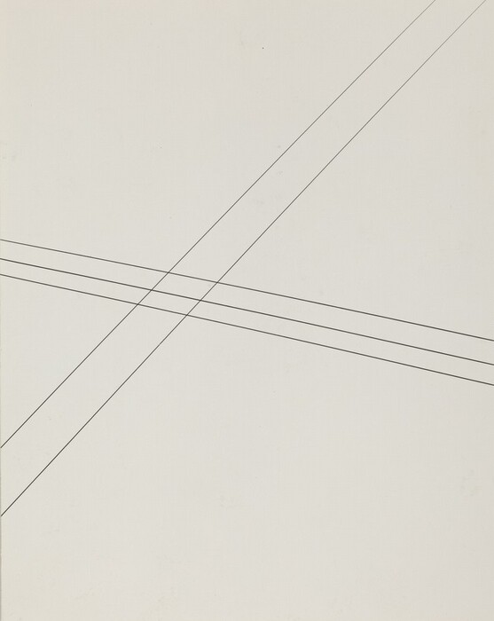 The image displays thin, black lines crossing diagonally on a white background, creating an abstract composition. These intersecting lines resemble a spider's web or utility pole wires from a distance. The angles of the lines suggest structure and alignment, inviting connections to geometric or architectural objects.