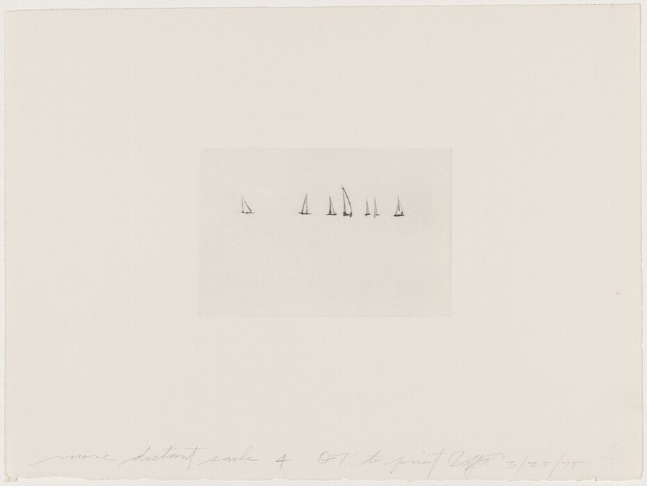 The image shows sailboats in the distance, with a low horizon line and a simple color palette. The boats are depicted with delicate lines, sailing with their sails angled in different directions.