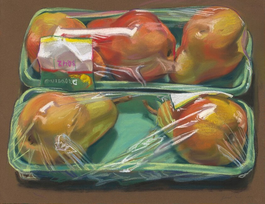 Grocery-wrapped Pears
