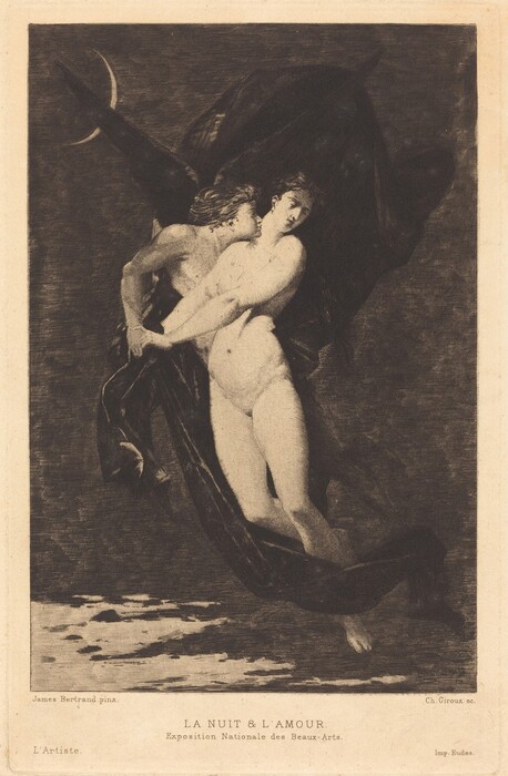 The image shows two nude figures standing close to each other. One figure is in a reclining position while the other is leaning forward. They are both partly covered by a dark fabric that appears to be flowing around them. The figure on the right has short hair and distinct facial features, while the figure on the left has long, wavy hair. In the background, there is a crescent moon visible in the upper left corner.
