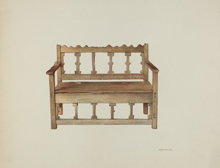 The image features a wooden bench with a simple design, including a backrest and armrests. The color palette consists mainly of natural wood tones such as light brown and beige. The bench is centered in the image against a plain, light background.