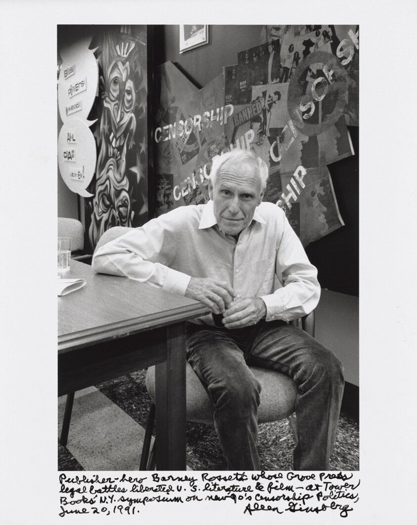 Publisher-hero Barney Rossett whose Grove Press legal battles liberated U.S. literature & film — at Tower Books’ N.Y. symposium on new 90’s Censorship Politics, June 20, 1991.