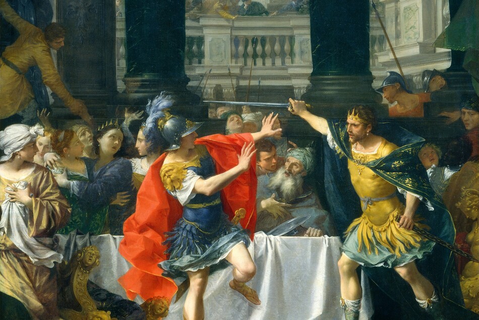 A crowned man holding up a sword lunges toward another man who wears a helmet and holds up both hands in this vertical painting. This happens in front of a long banquet table set with a rumpled white cloth. About a dozen people react or cling to each other on the far side of the table and more gather farther in the background. Most of the people have pale, peachy skin and wear tunics, robes, and dresses in shades of celestial and sky blue, pale yellow, forest green, peach, or white. The man holding the sword has a furrowed brow, and his lips are parted. He wears a molded yellow breastplate over seafoam-green, knee-length tunic. A marine-blue cloak patterned with a gold design wraps loosely around his shoulders, and he wears toeless, shin-high sandals on bare legs. A white pearl earring hangs from the ear we can see, and more pearls are on his breastplate. He holds the sword up with his right hand, farther from us, and holds the sheath with the other. He steps to our left, toward the man who wears royal-blue armor with gold trim, including a gold lion’s head at the shoulder. His silver helmet has gold decorations and a fluffy sky-blue feather. He faces our right so his face is in shadow, but his mouth is open. He steps onto his right leg, closer to us, as he leans back with his hands raised. A vivid red cloth flutters from his shoulders to his knees. The table behind this pair is on a platform with five steps. A man lies on the green and white checked floor on our side of the steps with his head coming toward us. He grips an urn with one arm and holds his other hand out. One foot is raised and the other knee bent so that foot is on the ground. Silver urns, trays, and a chalice sit on the steps to our right. Two people in the crowd on the far side of the table stand out. One is an ashen-faced woman wearing a crown to the left, who clutches another woman as she looks at the conflict. The other person is to the right and has dark brown skin and short, dark hair. That person wears an iron collar around the neck over a white pleated shirt and a sage-green vest edged in gold. The space behind the table is enclosed with a person-high wall topped with thick, dark green columns. A man to our left stands above the melee and reaches for another person, presumably to rescue them from the chaos. The space beyond opens into a tall, light-filled, white stone-clad space where people line balconies. Several spears and the tops of people’s heads indicate another group on the far side of the wall. A green curtain is pulled up into the top right corner of the composition.