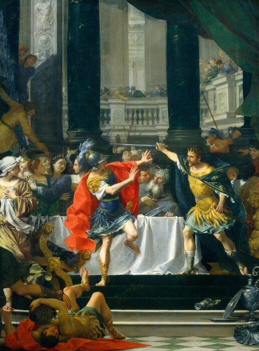 A crowned man holding up a sword lunges toward another man who wears a helmet and holds up both hands in this vertical painting. This happens in front of a long banquet table set with a rumpled white cloth. About a dozen people react or cling to each other on the far side of the table and more gather farther in the background. Most of the people have pale, peachy skin and wear tunics, robes, and dresses in shades of celestial and sky blue, pale yellow, forest green, peach, or white. The man holding the sword has a furrowed brow, and his lips are parted. He wears a molded yellow breastplate over seafoam-green, knee-length tunic. A marine-blue cloak patterned with a gold design wraps loosely around his shoulders, and he wears toeless, shin-high sandals on bare legs. A white pearl earring hangs from the ear we can see, and more pearls are on his breastplate. He holds the sword up with his right hand, farther from us, and holds the sheath with the other. He steps to our left, toward the man who wears royal-blue armor with gold trim, including a gold lion’s head at the shoulder. His silver helmet has gold decorations and a fluffy sky-blue feather. He faces our right so his face is in shadow, but his mouth is open. He steps onto his right leg, closer to us, as he leans back with his hands raised. A vivid red cloth flutters from his shoulders to his knees. The table behind this pair is on a platform with five steps. A man lies on the green and white checked floor on our side of the steps with his head coming toward us. He grips an urn with one arm and holds his other hand out. One foot is raised and the other knee bent so that foot is on the ground. Silver urns, trays, and a chalice sit on the steps to our right. Two people in the crowd on the far side of the table stand out. One is an ashen-faced woman wearing a crown to the left, who clutches another woman as she looks at the conflict. The other person is to the right and has dark brown skin and short, dark hair. That person wears an iron collar around the neck over a white pleated shirt and a sage-green vest edged in gold. The space behind the table is enclosed with a person-high wall topped with thick, dark green columns. A man to our left stands above the melee and reaches for another person, presumably to rescue them from the chaos. The space beyond opens into a tall, light-filled, white stone-clad space where people line balconies. Several spears and the tops of people’s heads indicate another group on the far side of the wall. A green curtain is pulled up into the top right corner of the composition.