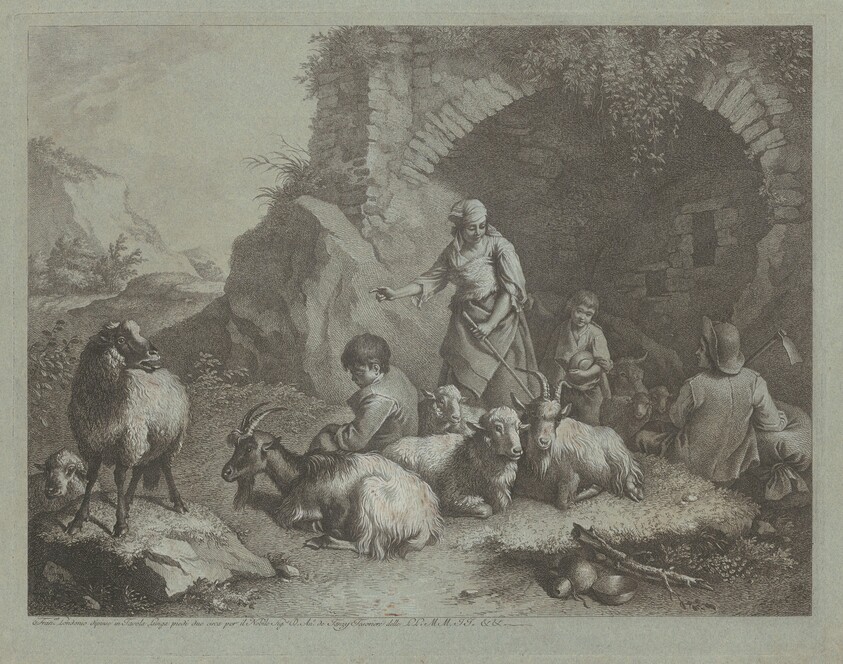 Woman, Shepherd Boys, and  Sheep near an Arch