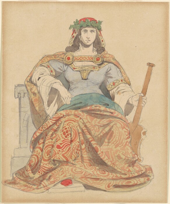 The image shows a person seated on a throne. The person has a serious expression, long dark hair, and a laurel wreath on their head. They wear an elaborate outfit with a robe, top, and sash. They hold a staff in their right hand. The background is plain.