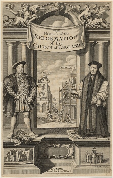 This is a drawing of the reformation of the Church of England. The image depicts an elaborate allegorical scene featuring architectural structures and symbolic actions against elements like "Superstition" and "Religion." Figures are engaged in activities on two sides; on one, individuals are dismantling or confronting structures labeled as "Superstition," while on the other, they appear to be building or maintaining a structure under the banner "Religion." The scene is set within an architectural framework with decorative columns and a grand arch adorned with a banner displaying the event's title. Symbols of authority and scripture are present, indicating a rich religious and political context.