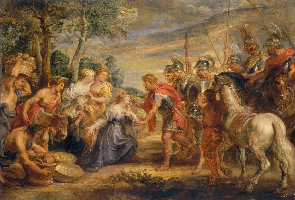 A man and woman greet each other at the center of a group of about a dozen people set within a landscape in this horizontal painting. All the people have pale, peachy skin. In the middle of the crowd, a woman, Abigail, kneels to our left while a man to our right, David, reaches out to her. Abigail’s blond hair is tied back under a white veil that drapes over her shoulders, and she wears a slate-blue dress and a string of pearls around her neck. She holds her left hand, on our right, to her chest and her other hand gestures down to a basket of bread held by a man in the lower left corner of the painting. David stands and bends toward Abigail as he cups her bent elbow with his left hand. His other hand rests on a walking stick near her head, and his index finger is extended as if to brush her cheek. He has short, curly blond hair and beard, and he wears a thigh-length tunic under a breastplate. Crimson-red fabric drapes around his shoulders and over his armor, and a dagger or short sword hangs at his hip. Three women, three men, and a donkey gather to our left, behind Abigail. Two of the men hold large baskets of bread, and they all look toward Abigail and David. Six armored men, two younger people, and two horses make up the group to the right. Trees line a hill behind the people to our left and dark gray and amber-colored clouds fill the sky.