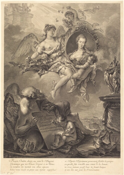 The image features a composition with four main figures and various objects. A female figure is prominently shown, seated and holding a floral garland while gazing to the side. Next to her is a portrait of another woman, encircled by flowers. An older male figure with wings writes on a tablet, and a cherubic child sits nearby with a book. In the background, there is a classical architectural structure with columns and trees. Surrounding elements include classical musical instruments and a burning urn.