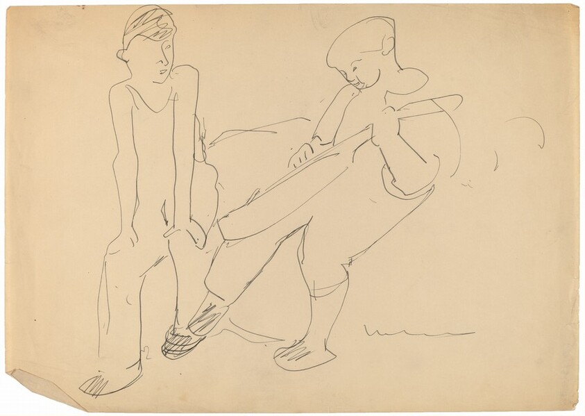 Two Seated Boys, One Plaing a Stringed Musical Instrument