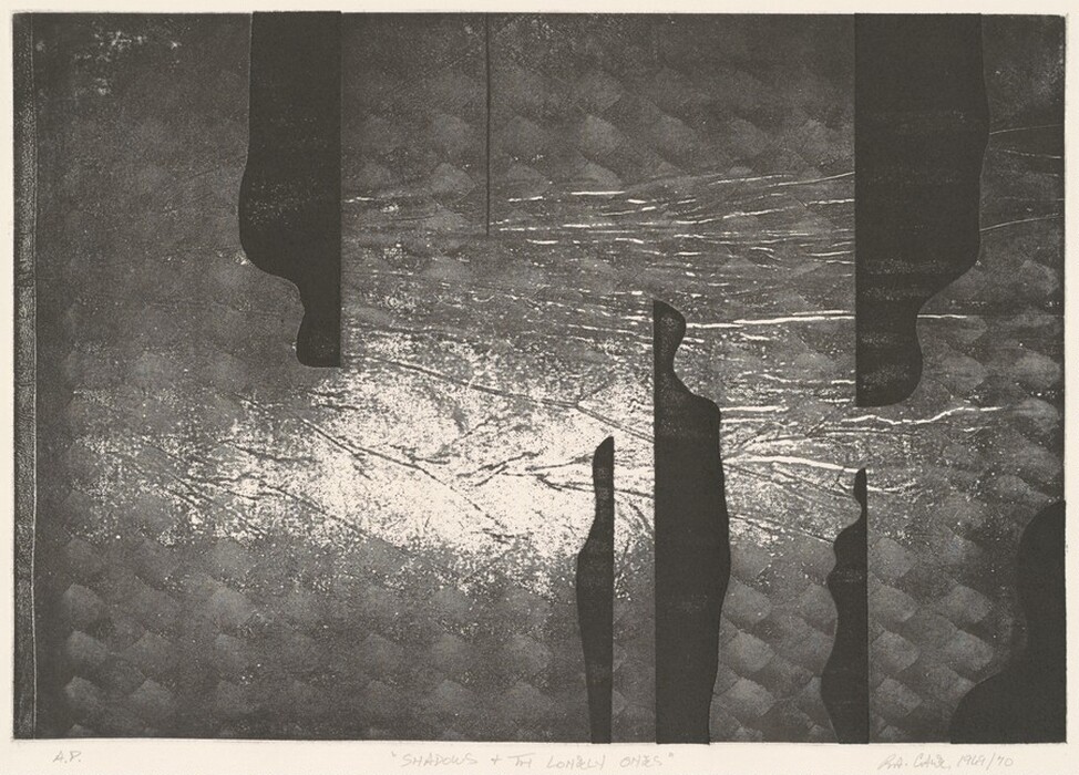 Vertical black shapes and irregular lines are depicted against a textured background, creating an abstract composition. The shapes resemble silhouettes or shadows against a landscape of ribbed patterns. The textured surface includes a mix of light and darker tones that suggest rippling water or a patterned fabric.