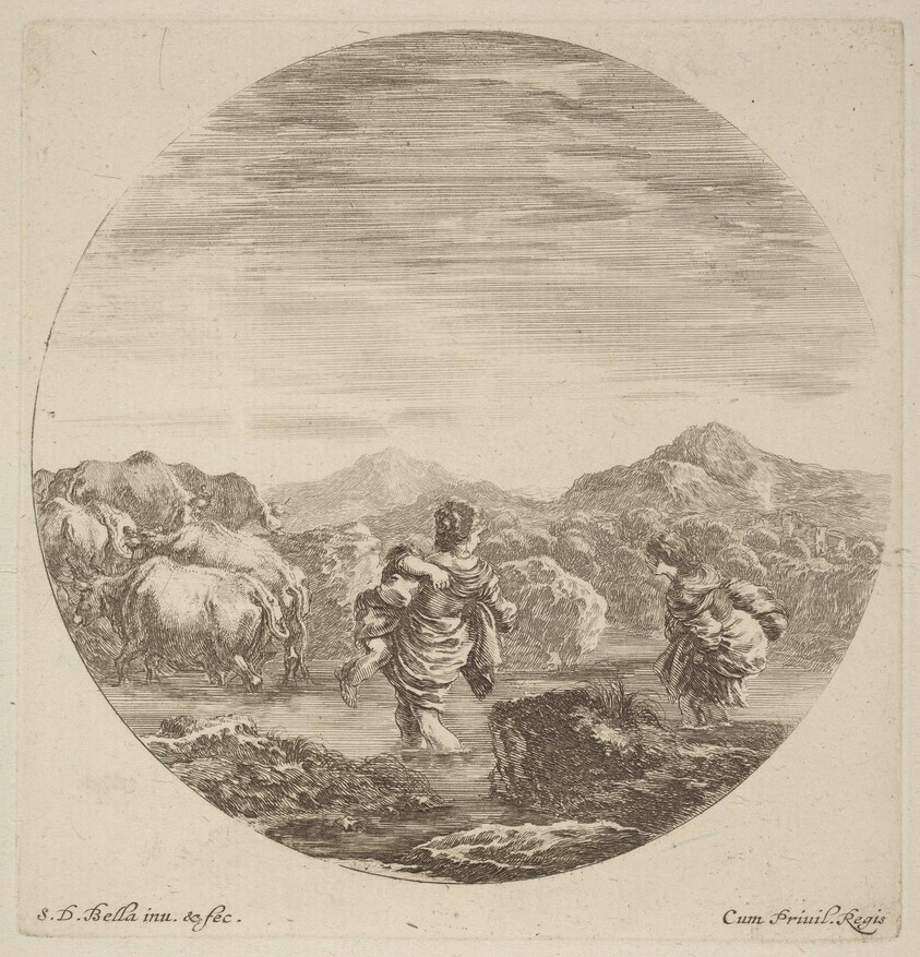 Two Women Fording a Creek with a Herd of Cows