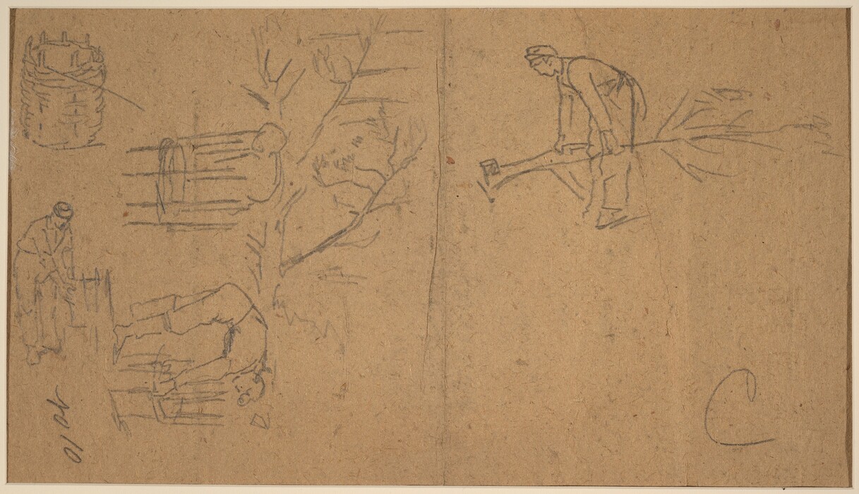 This is a drawing of various sketches related to woodcutting or carpentry. The drawing features several pencil sketches on tan paper. On the left side, there are depictions of a barrel or basket, and beneath it, several outline sketches of figures engaged in activities involving woodwork. The right side of the drawing shows a figure bent over a large beam or branch. The sketches are simple, with minimal detail, capturing the basic form and movement of the figures and objects involved in woodwork-related activities.