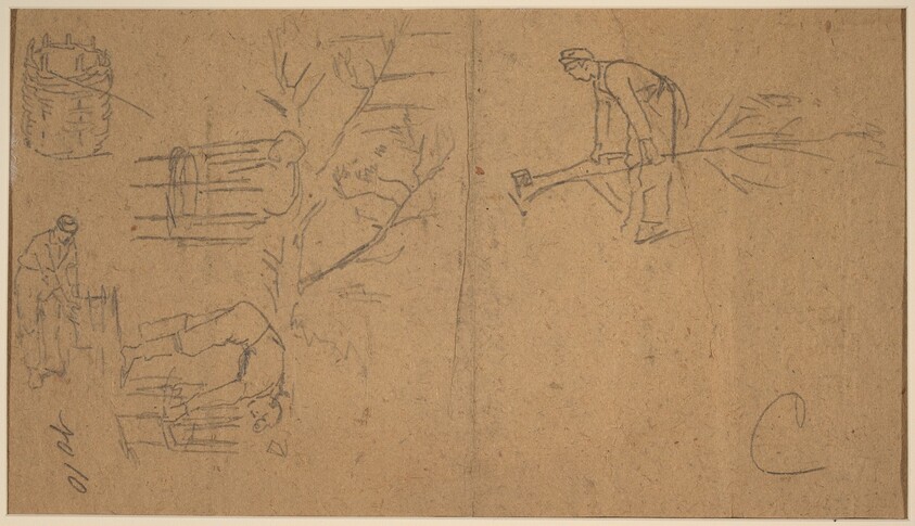 Soldiers felling sapling, and weaving saplings into baskets [verso]