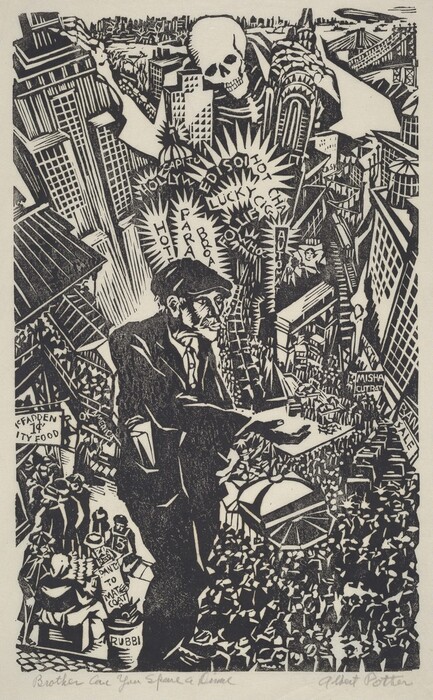 The image is filled with jagged, angular lines and shapes overlapping and intersecting. The composition includes tall, pointed structures resembling skyscrapers in a chaotic arrangement. A large skeletal figure with outstretched arms looms over a cityscape. Among the geometric shapes and human figures, a man stands in the foreground with a forlorn expression. The scene includes text and signs reminiscent of a bustling urban environment.